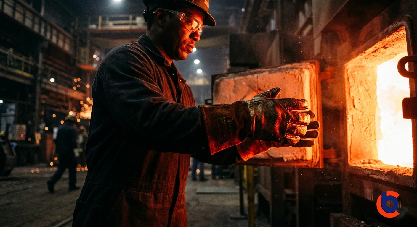 heat-resistant gloves reaching toward a glowing furnace door.
