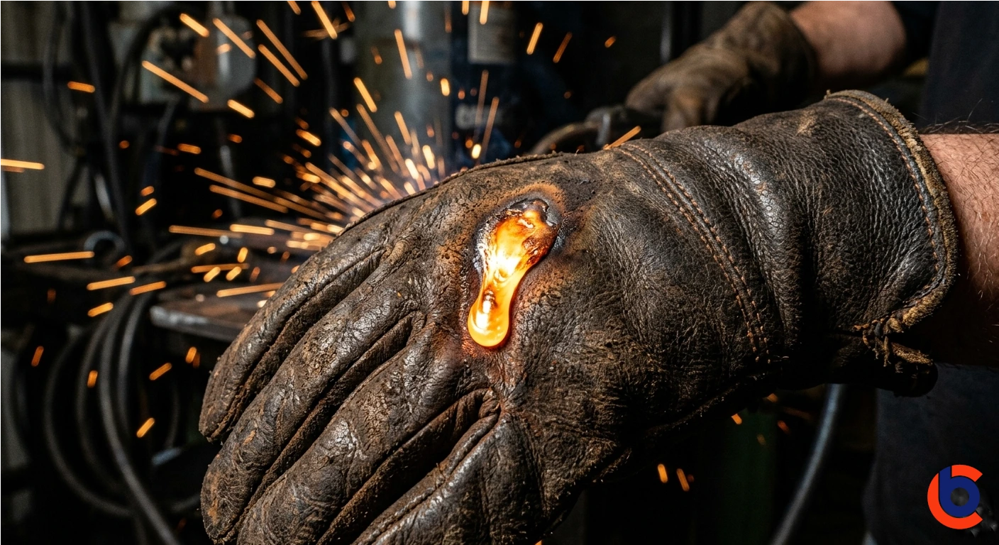 heat-resistant gloves reaching toward a glowing furnace door.