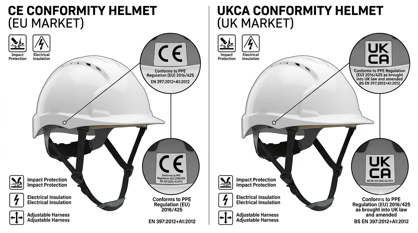 A split visual showing two PPE safety helmets side by side