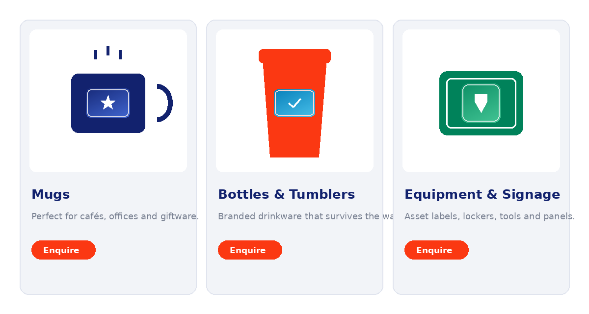UV DTF decals applied to mugs, bottles, tumblers, equipment and signage