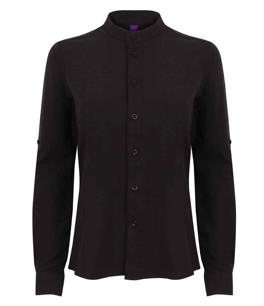 [H593 BLK S] Henbury Ladies Mandarin Roll Sleeve Anti-Bac Wicking Shirt (S)