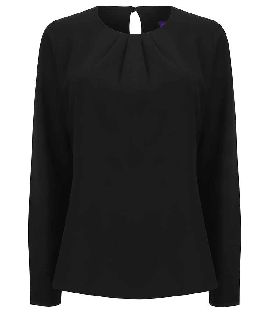 [H598 BLK XS] Henbury Ladies Pleat Front Long Sleeve Blouse (Black, XS)