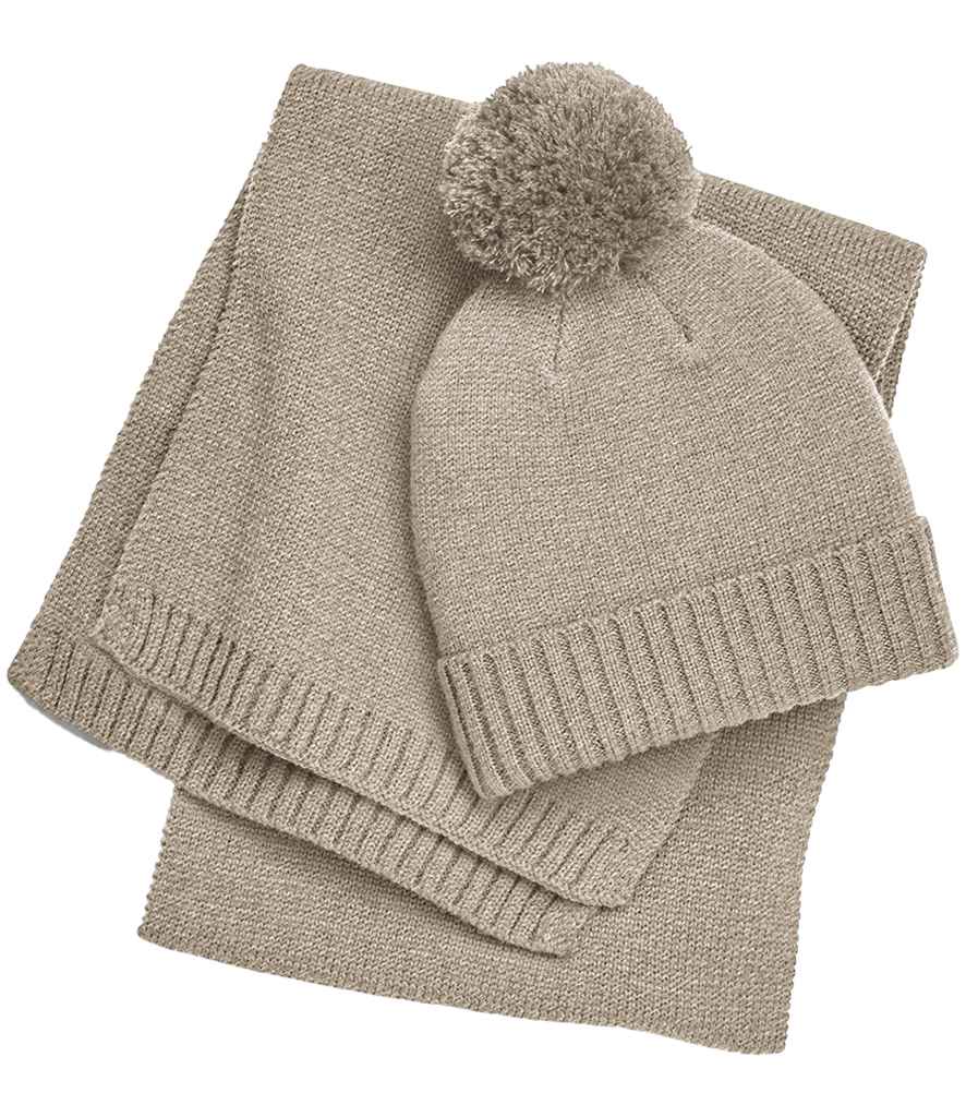 [BB401 OAFL ONE] Beechfield Knitted Scarf and Beanie Gift Set (Oatmeal Fleck)