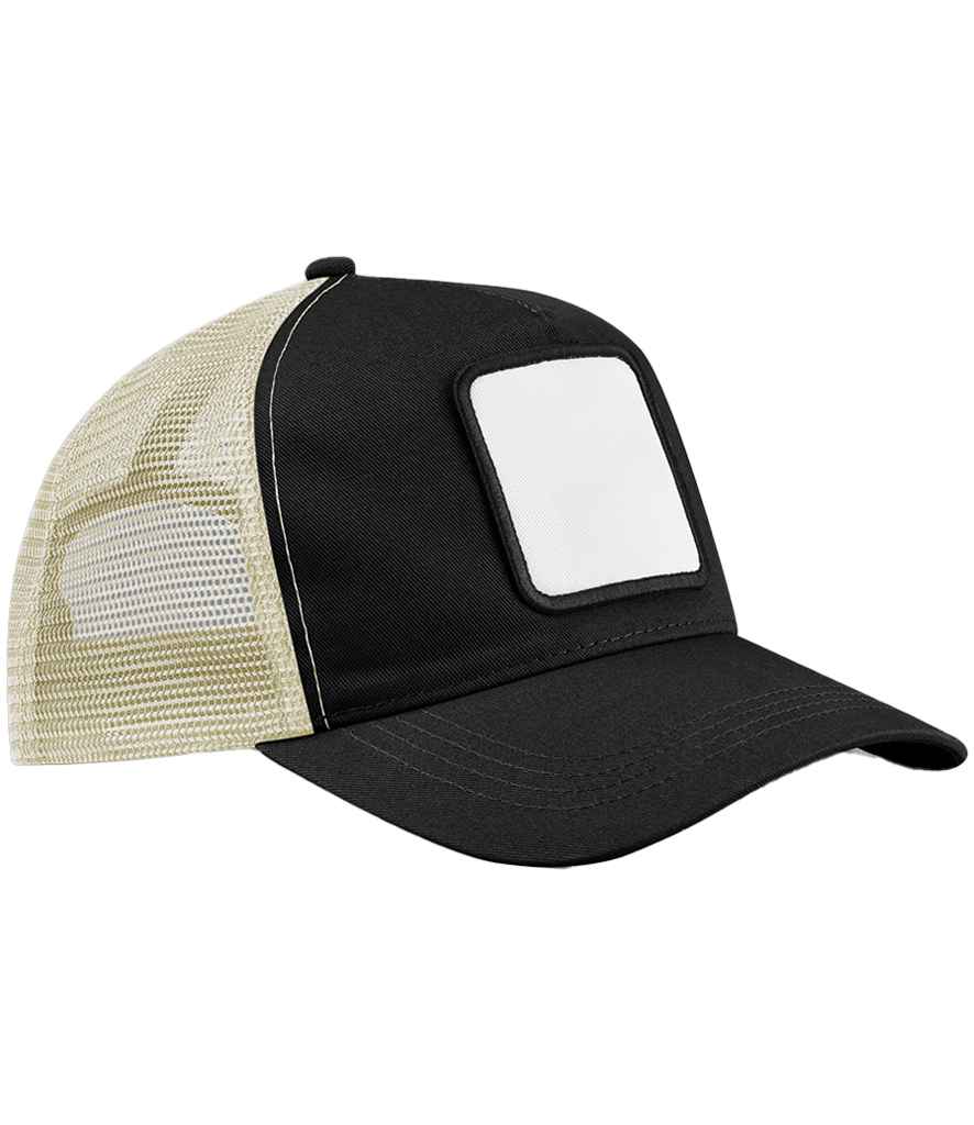 [BB636 BK/ST ONE] Beechfield Appliqué Patch 5 Panel Trucker Cap (Black/Stone)