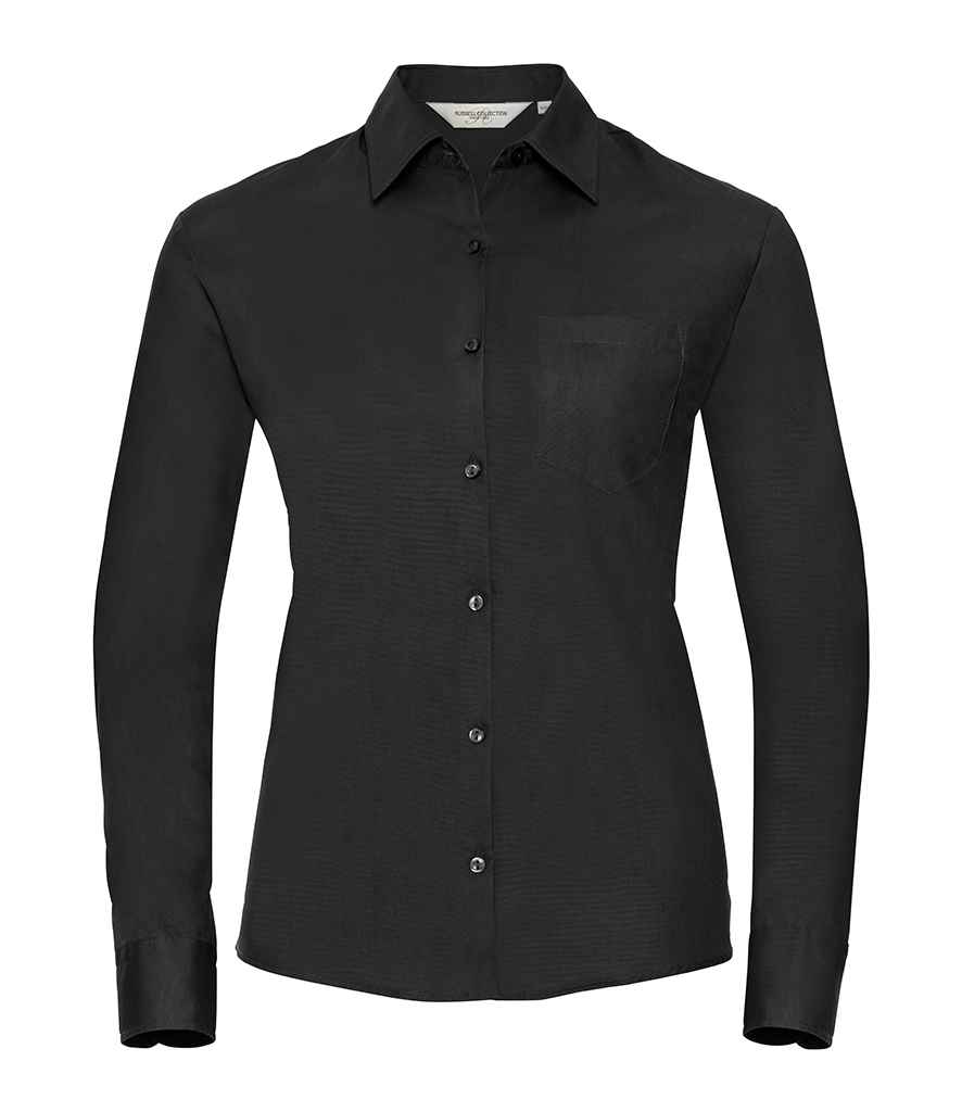 [936F BLK XS] Russell Collection Ladies Long Sleeve Easy Care Cotton Poplin Shirt (Black, XS)