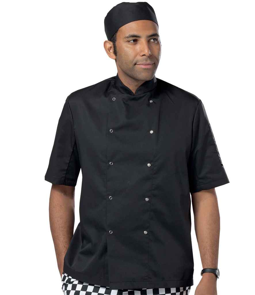 [DE002 BLK XXS] Dennys Short Sleeve Press Stud Chef's Jacket (Black, XXS)