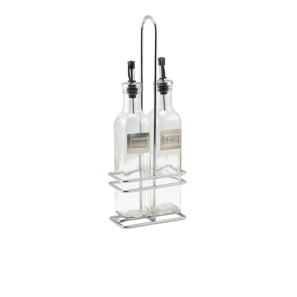 Square Glass Oil & Vinegar With Chrome Stand