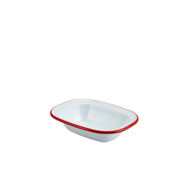 Enamel Rect. Pie Dish White with Red Rim 16cm (Pack of 12)