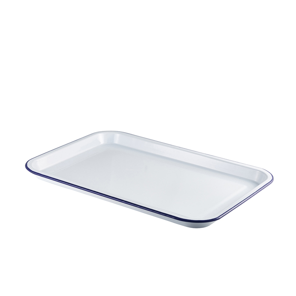 [BC-N942933WH] Enamel Serving Tray White with Blue Rim 33.5x23.5x2.2cm (Pack of 6)