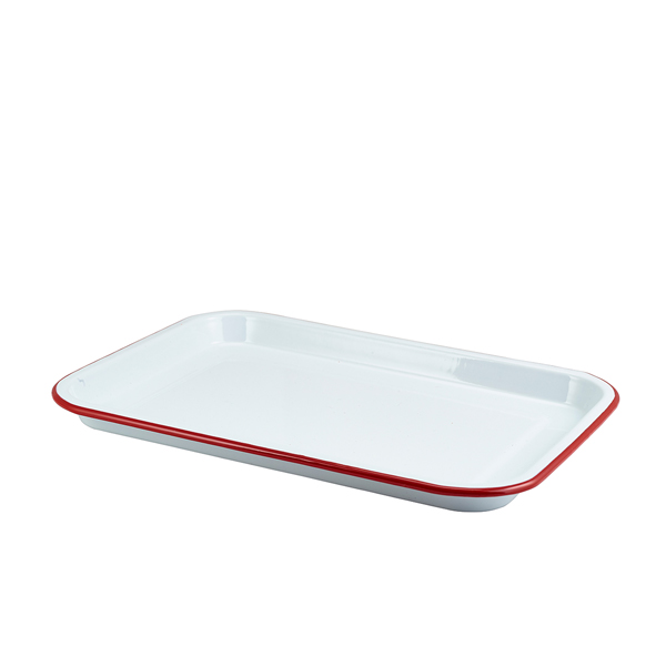 Enamel Serving Tray White with Red Rim 33.5x23.5x2.2cm (Pack of 6)