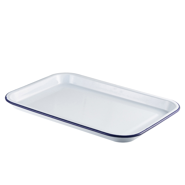 [BC-N942938WH] Enamel Serving Tray White with Blue Rim 38.2x26.4x2.2cm (Pack of 6)