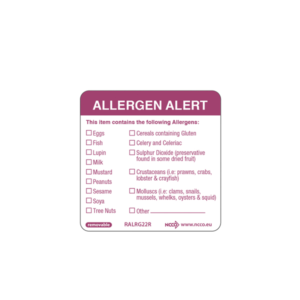 [BC-NRALRG22R] 50X50mm Removable Allergen Label (500)