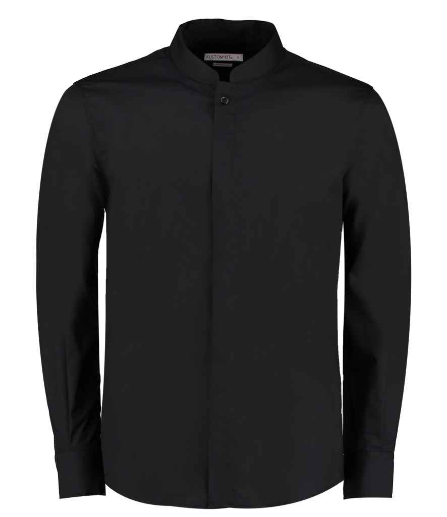 [K161 BLK S] Kustom Kit Long Sleeve Tailored Mandarin Collar Shirt (S, Black)