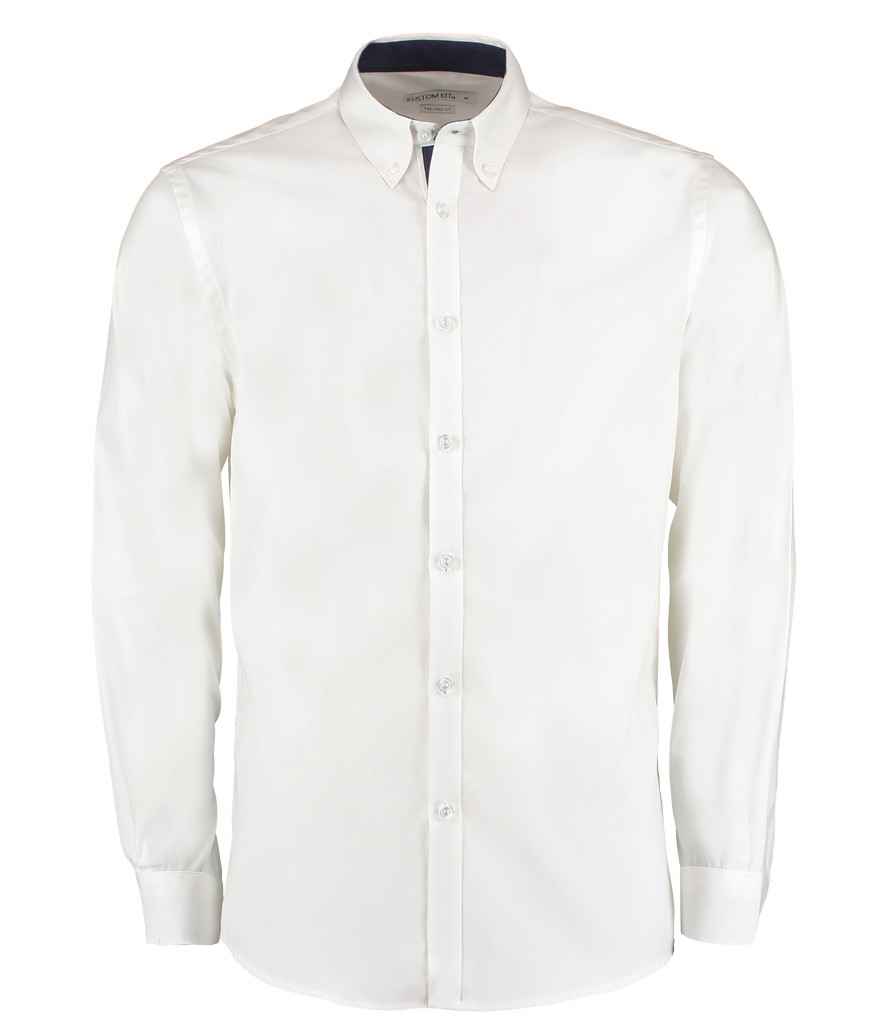 [K190 WH/NV S] Kustom Kit Premium Long Sleeve Contrast Tailored Oxford Shirt (S, White/Navy)