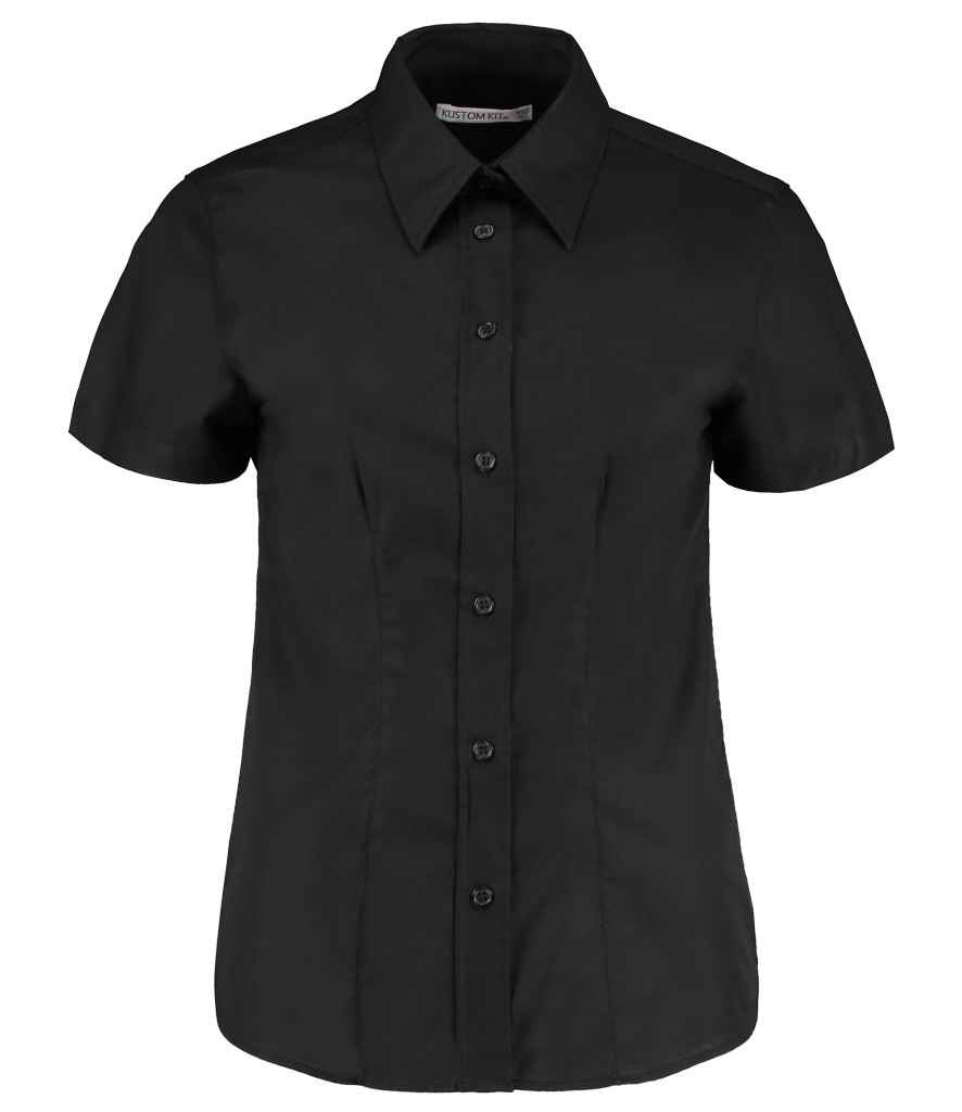 [K360 BLK 8] Kustom Kit Ladies Short Sleeve Tailored Workwear Oxford Shirt (Black, 8)