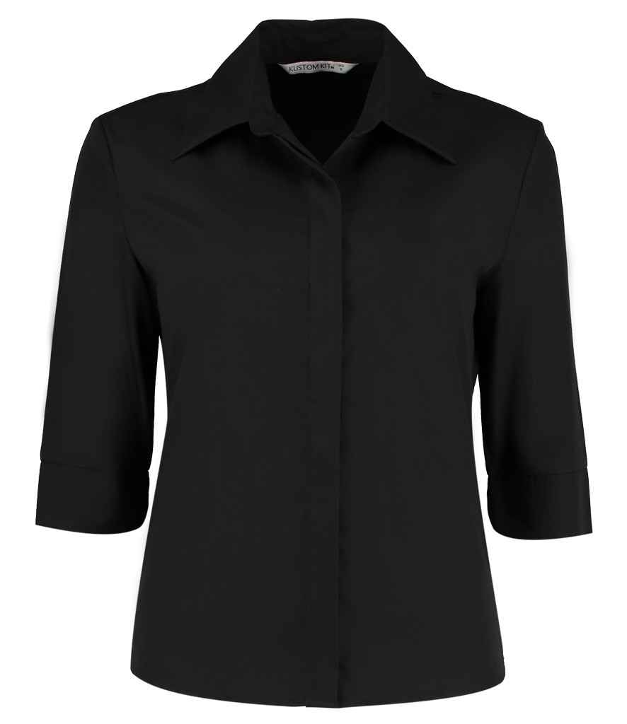 [K715 BLK 8] Kustom Kit Ladies 3/4 Sleeve Tailored Continental Shirt (8, Black)