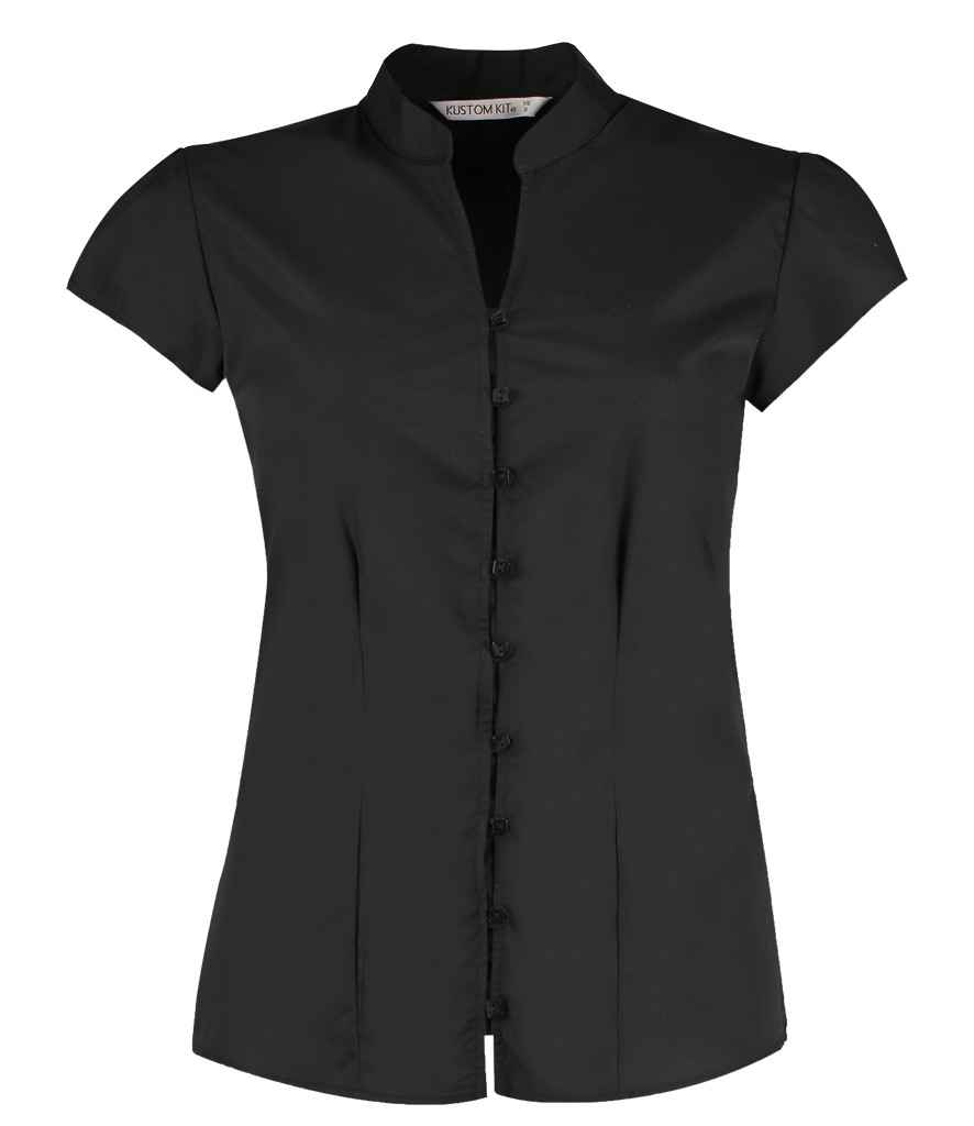 [K727 BLK 8] Kustom Kit Ladies Cap Sleeve V Neck Tailored Continental Blouse (8, Black)