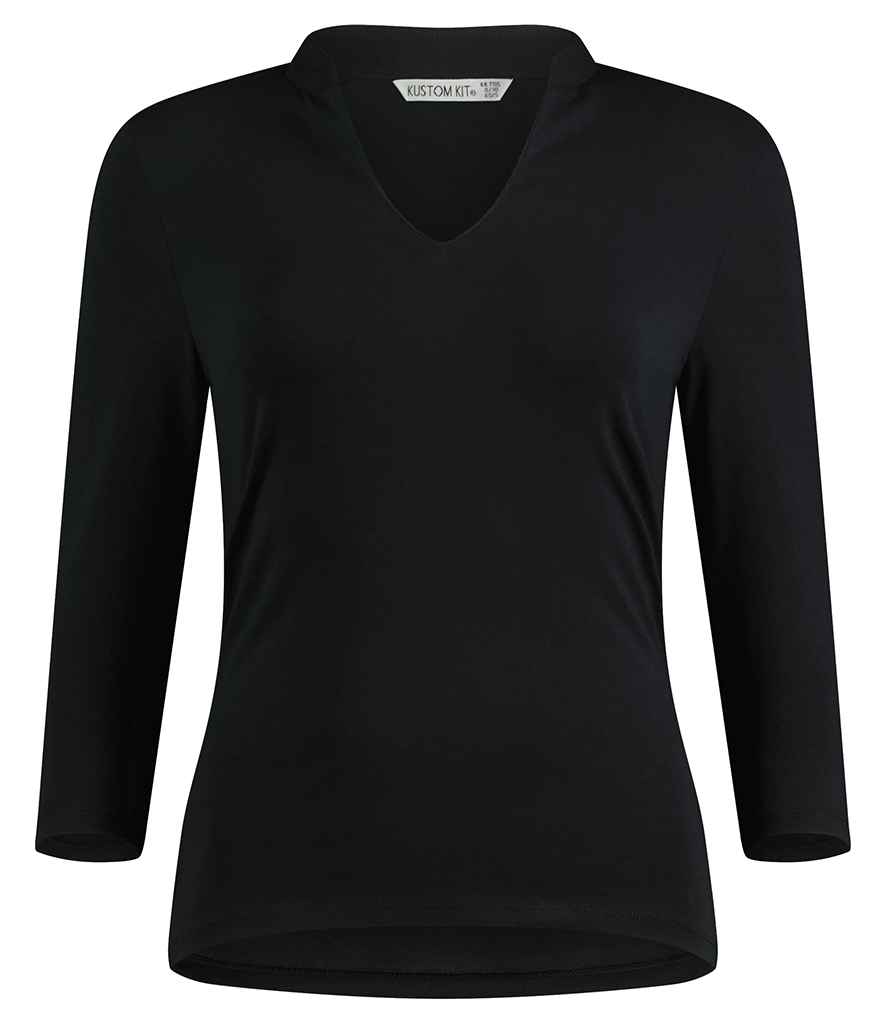 [K785 BLK 8/10] Kustom Kit Ladies 3/4 Sleeve Mandarin Collar Top (8/10, Black)