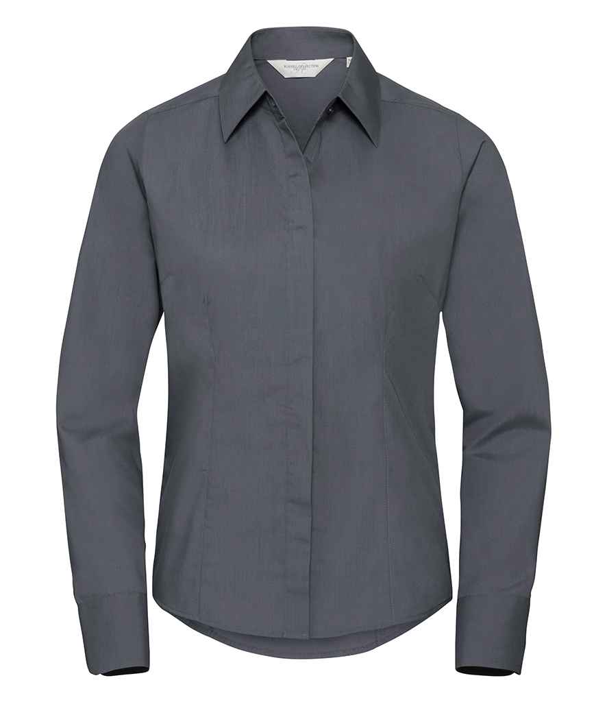 [924F CVY XS] Russell Collection Ladies Long Sleeve Fitted Poplin Shirt (XS, Convoy Grey)