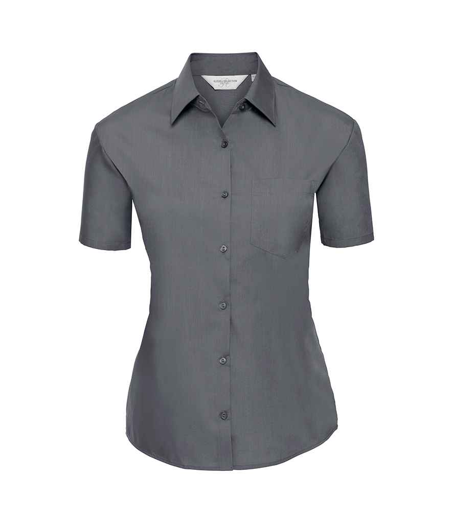 [935F CVY XS] Russell Collection Ladies Short Sleeve Easy Care Poplin Shirt (XS, Convoy Grey)