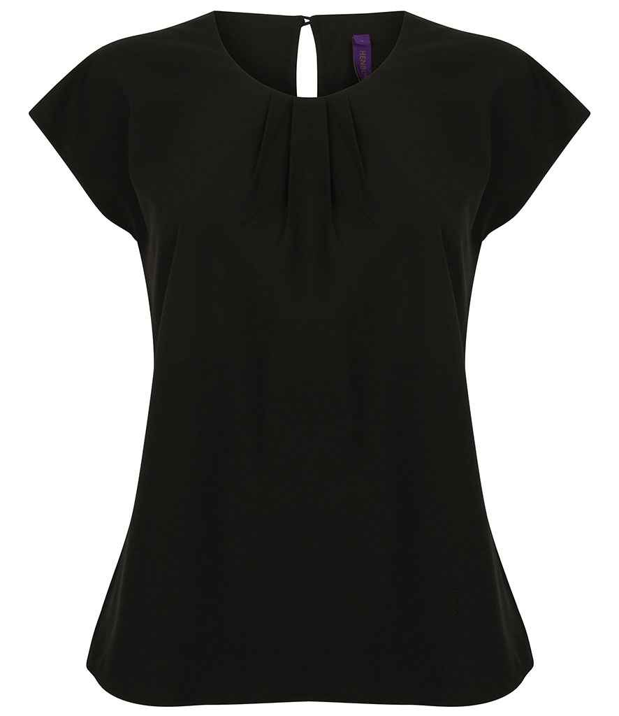 [H597 BLK XS] Henbury Ladies Pleat Front Short Sleeve Blouse (XS, Black)