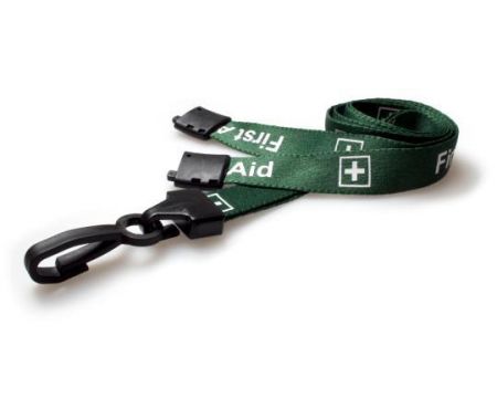 [W-LANFA] First Aid Green Printed Lanyards 15mm Wide Plastic Clip - Pack of 10