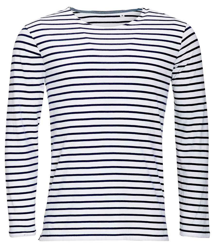 [01402 WH/NV S] SOL'S Marine Long Sleeve Striped T-Shirt (S, White/Navy)