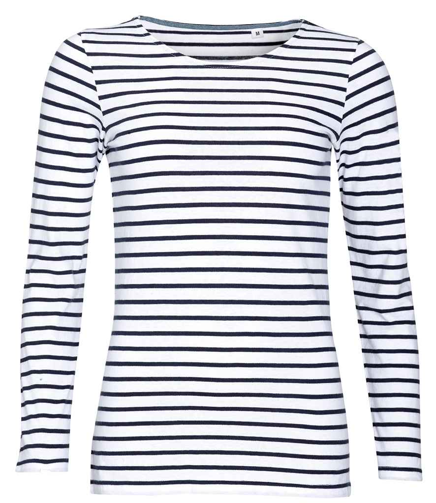 [01403 WH/NV XS] SOL'S Ladies Marine Long Sleeve Striped T-Shirt (XS, White/Navy)