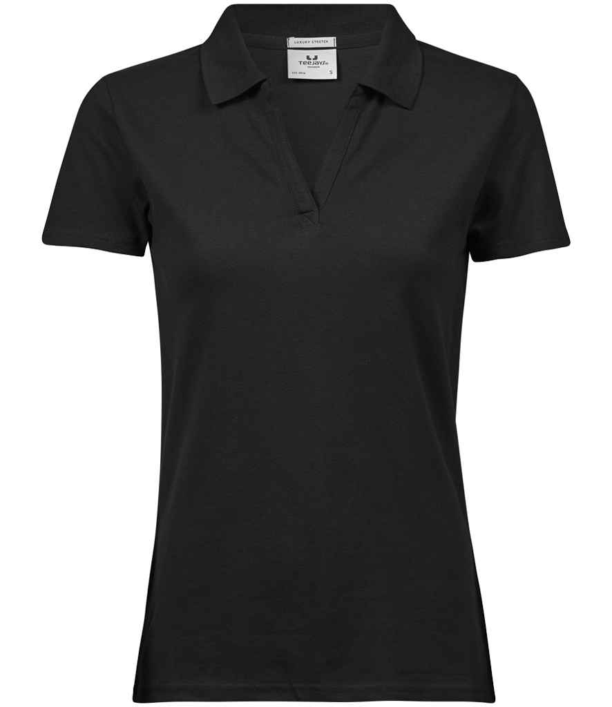 [T1409 BLK S] Tee Jays Ladies Luxury Stretch V Neck Polo Shirt (S, Black)