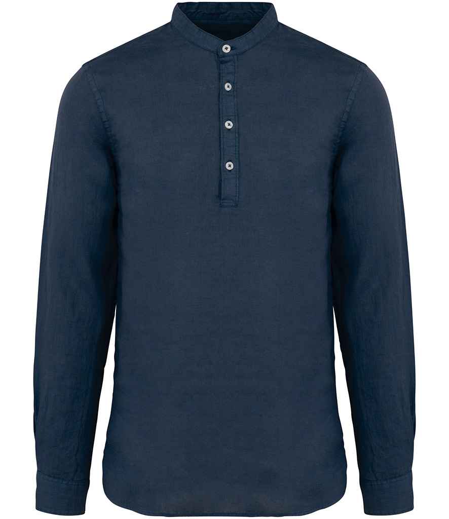 [SP507 WNV S] Spasso Washed Mao Collar Shirt (S, Washed Navy)