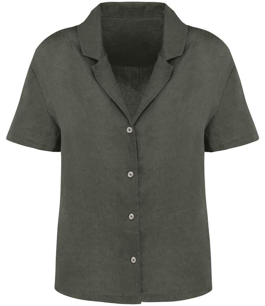 [SP523 ORK XS] Spasso Ladies Short Sleeve Linen Bowling Collar Shirt (XS, Organic Khaki)
