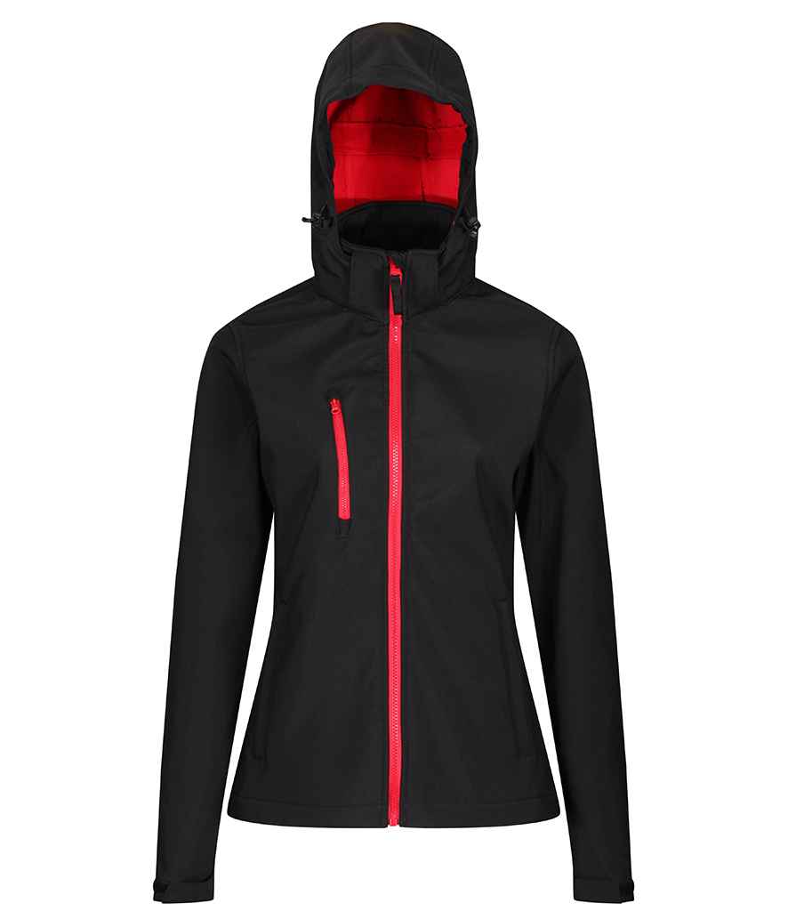 [RG636 BK/CS 10] Regatta Ladies Venturer Three Layer Hooded Soft Shell Jacket (10, Black/Classic Red)