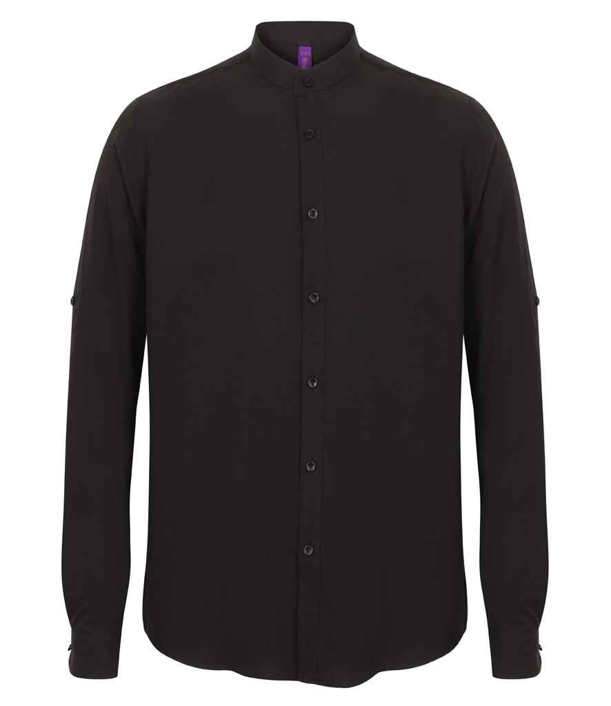[H592 BLK S] Henbury Mandarin Roll Sleeve Anti-Bac Wicking Shirt (S)