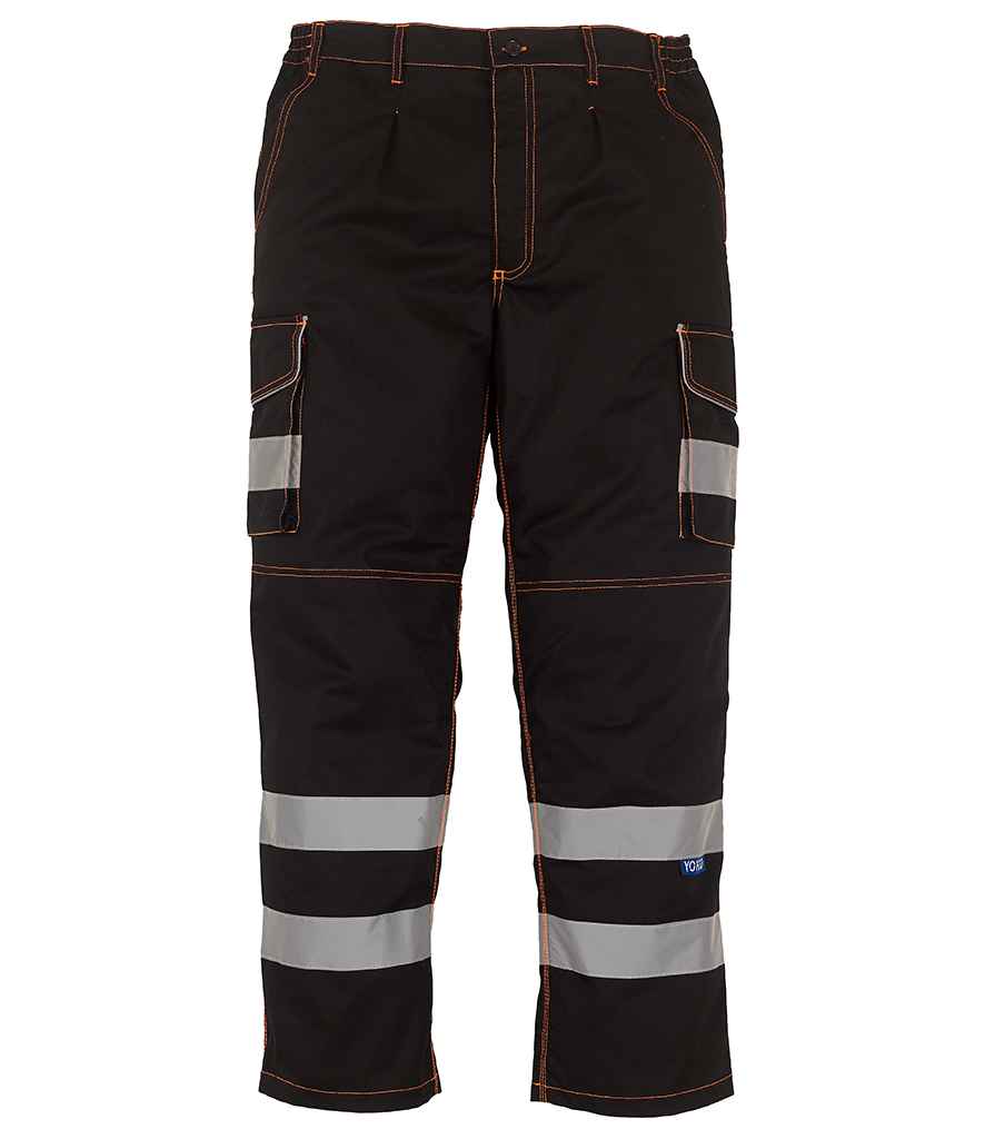 [YK301 BLK 30/R] Yoko Hi-Vis Cargo Trousers with Knee Pad Pockets (30/R, Black)