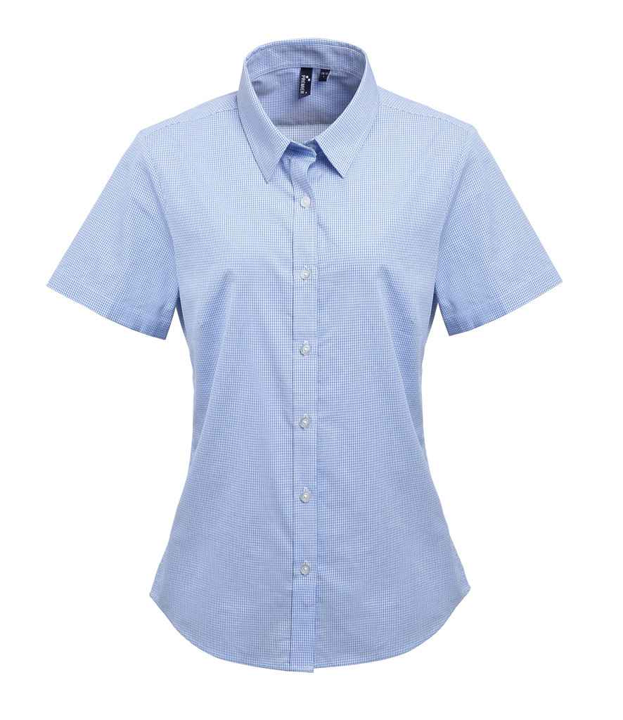 [PR321 LB/WH XS] Premier Ladies Gingham Short Sleeve Shirt (XS, Light Blue/White)
