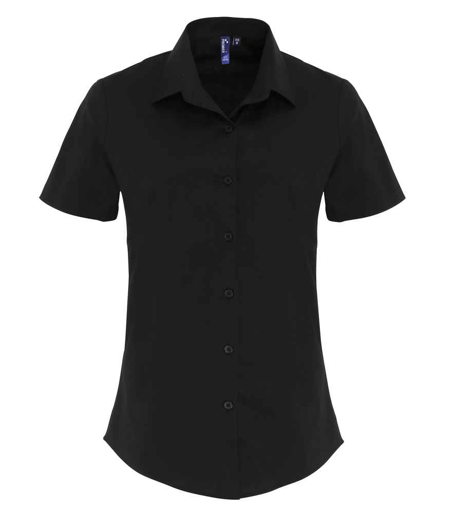 [PR346 BLK XS] Premier Ladies Short Sleeve Stretch Fit Poplin Shirt (XS, Black)