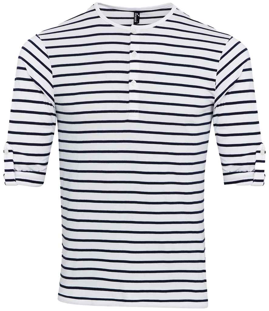 [PR218 WH/NV XS] Premier Long John Roll Sleeve T-Shirt (XS, White/Navy)
