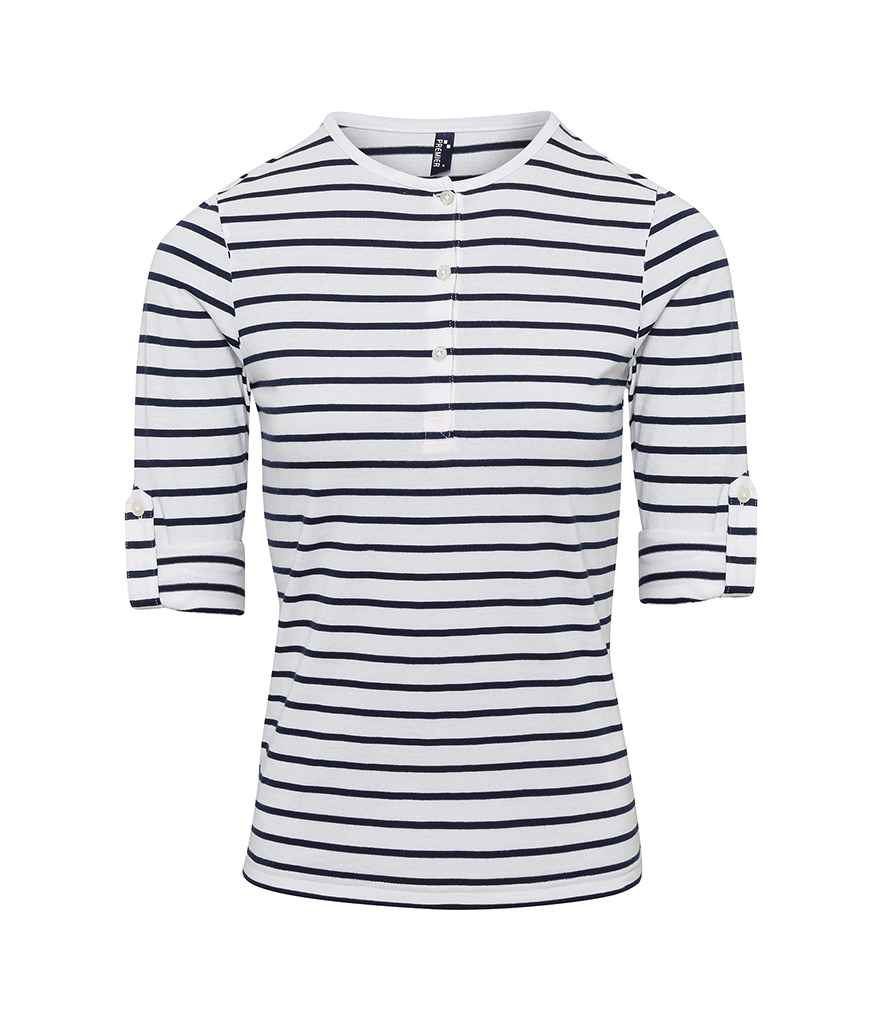 [PR318 WH/NV XS] Premier Ladies Long John Roll Sleeve T-Shirt (XS, White/Navy)