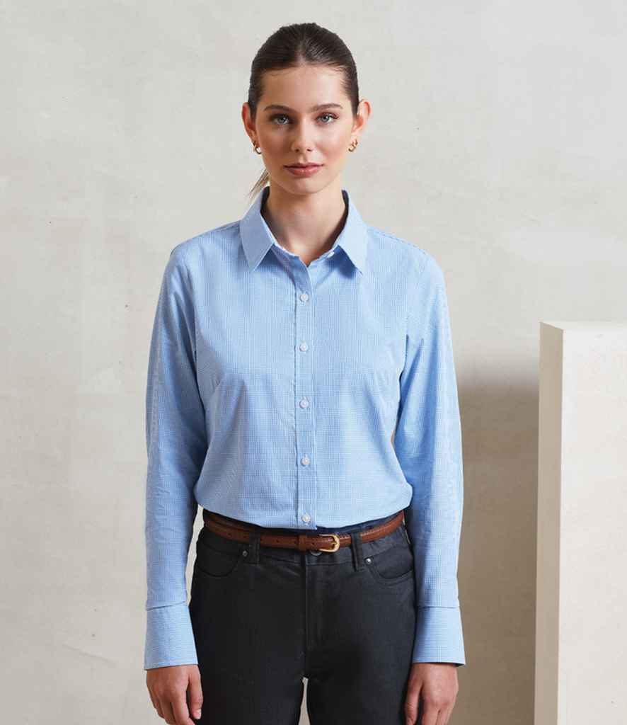 [PR320 LB/WH XS] Premier Ladies Gingham Long Sleeve Shirt (XS, Light Blue/White)