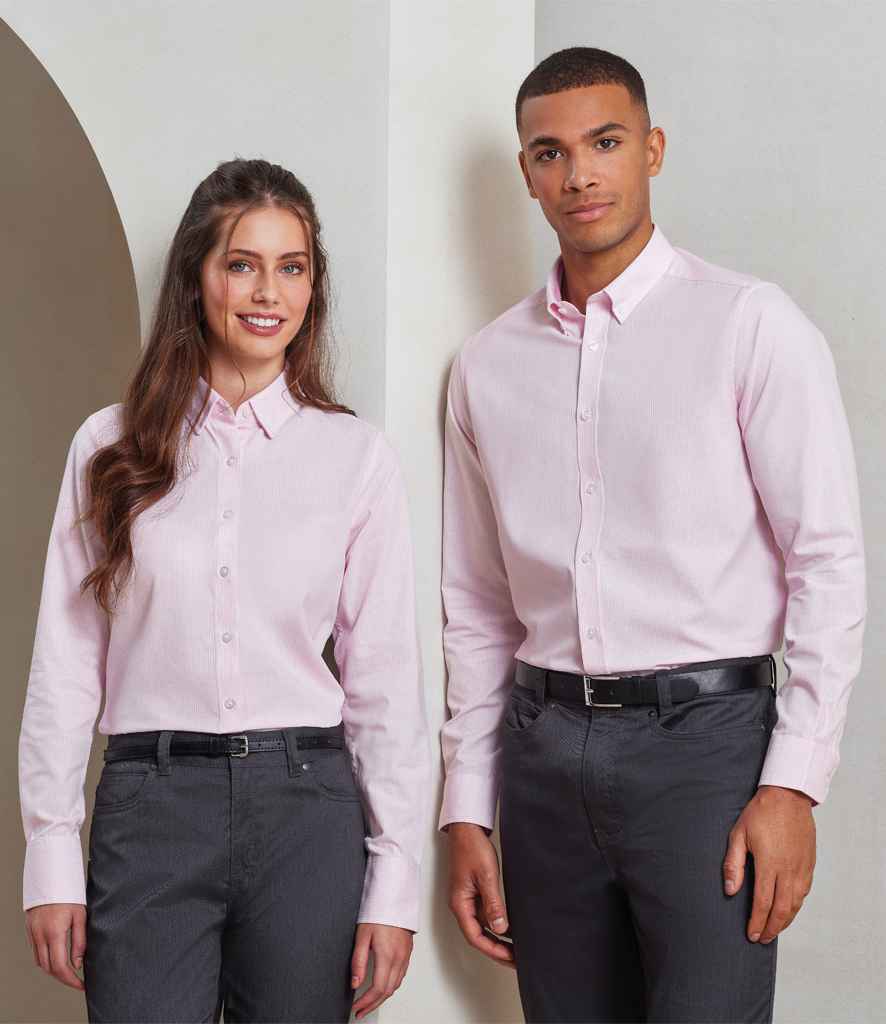 [PR338 OXB XS] Premier Ladies Long Sleeve Striped Oxford Shirt (XS, Oxford Blue)