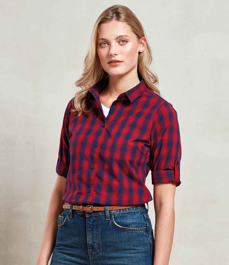 [PR350 WH/NV XS] Premier Ladies Mulligan Check Long Sleeve Shirt (XS, White/Navy)