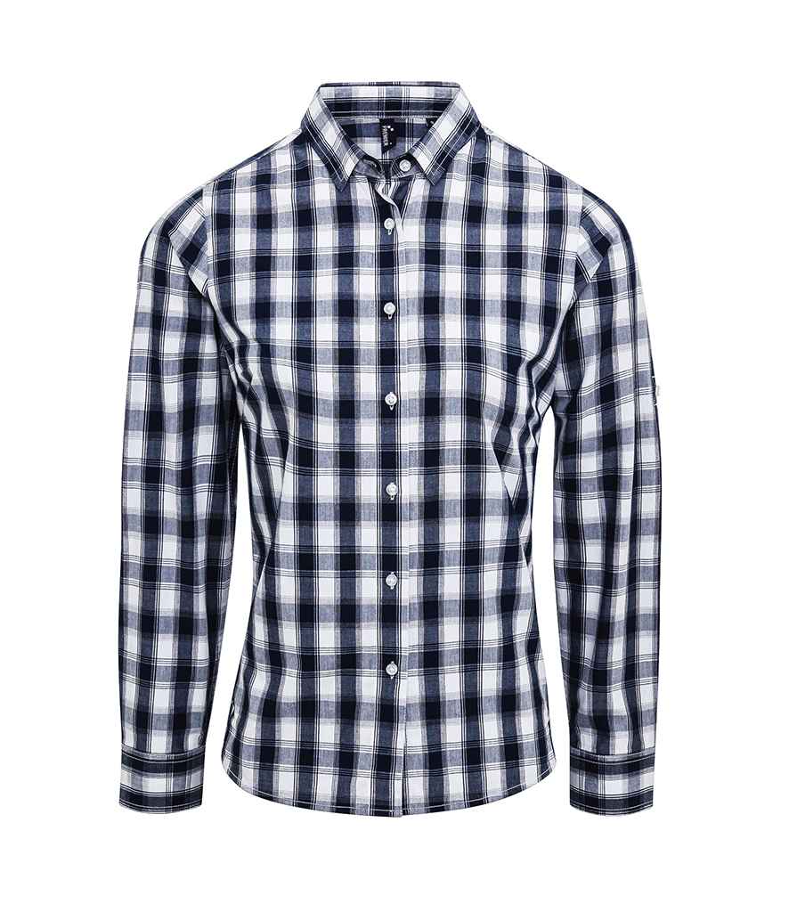 [PR350 WH/NV XS] Premier Ladies Mulligan Check Long Sleeve Shirt (XS, White/Navy)