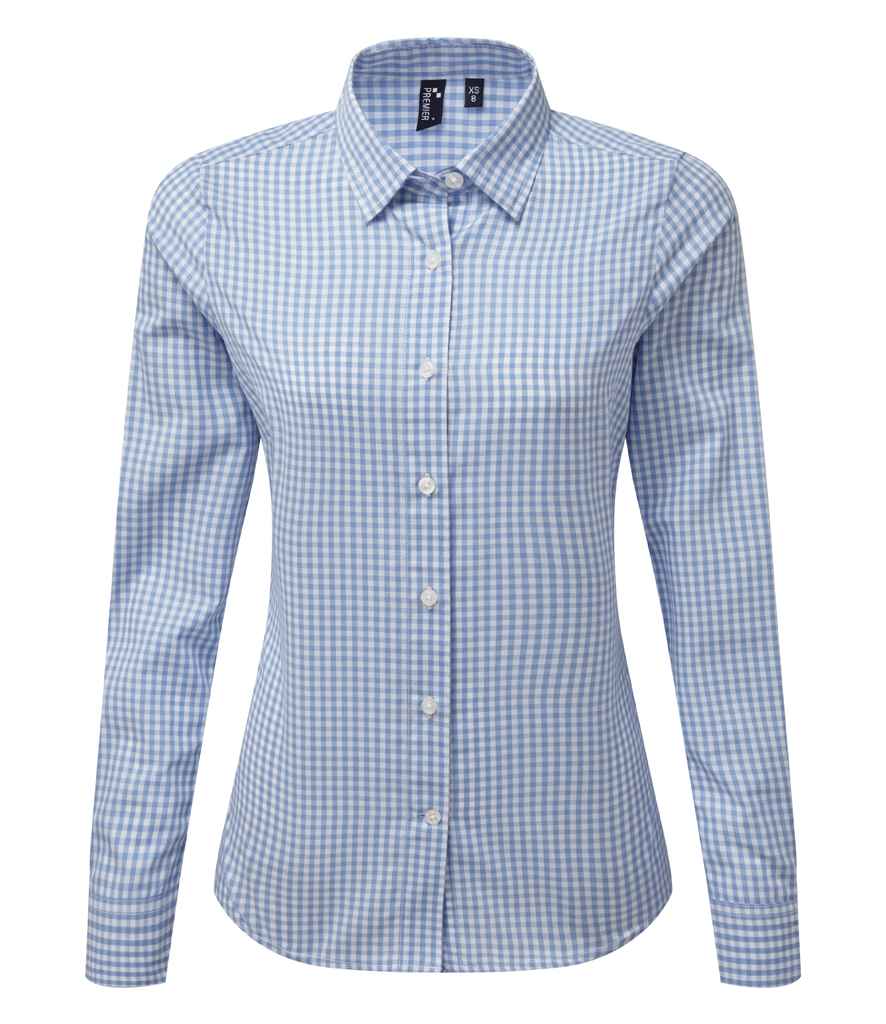 [PR352 LB/WH XS] Premier Ladies Maxton Check Long Sleeve Shirt (XS, Light Blue/White)