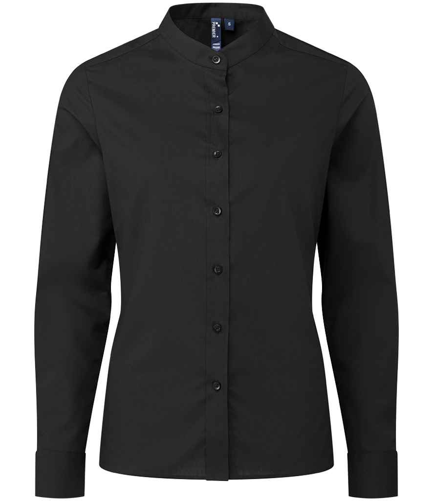 [PR358 BLK XS] Premier Ladies Banded Collar Grandad Shirt (XS, Black)