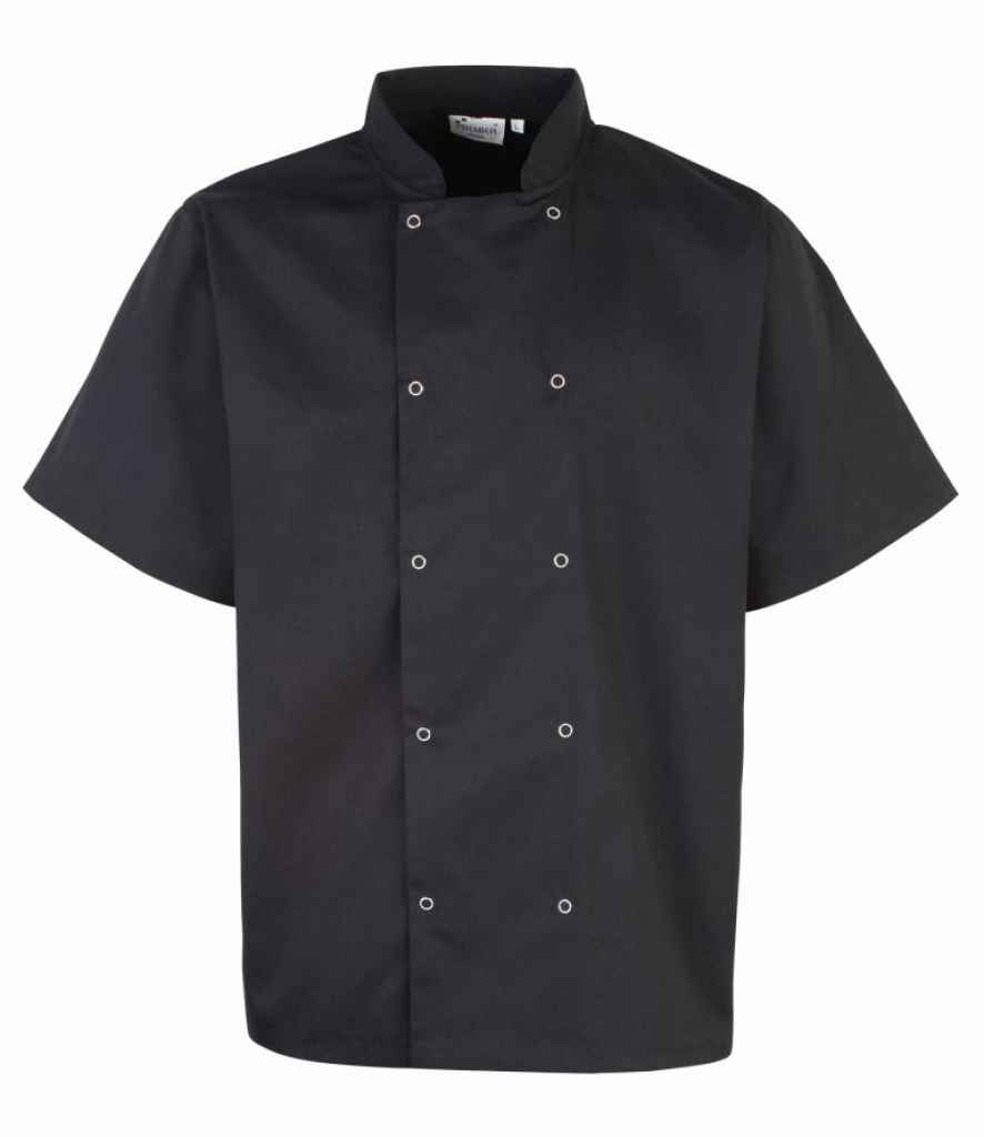[PR664 BLK XS] Premier Unisex Short Sleeve Stud Front Chef's Jacket (XS, Black)