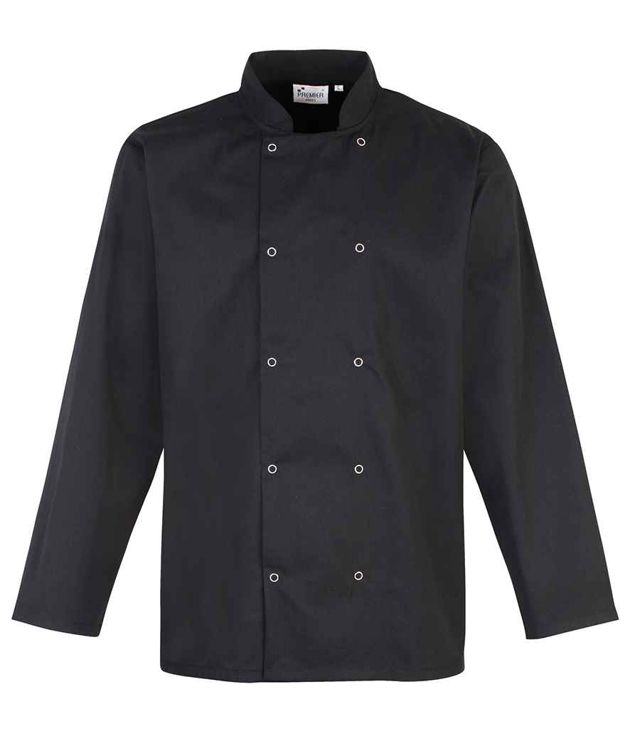 [PR665 BLK XS] Premier Unisex Long Sleeve Stud Front Chef's Jacket (XS, Black)