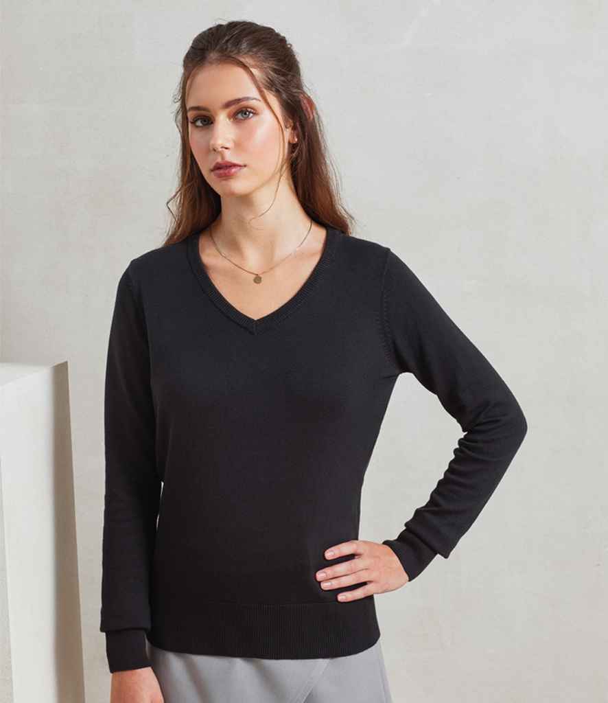 [PR696 BLK 8] Premier Ladies Knitted Cotton Acrylic V Neck Sweater (8, Black)