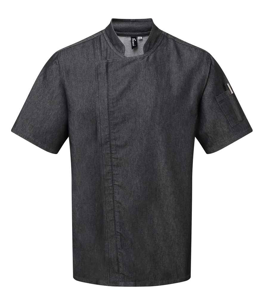 [PR906 BDM XS] Premier Short Sleeve Zipped Chef's Jacket (XS, Black Denim)