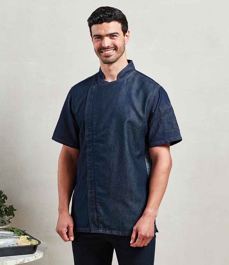 [PR906 BDM XS] Premier Short Sleeve Zipped Chef's Jacket (XS, Black Denim)