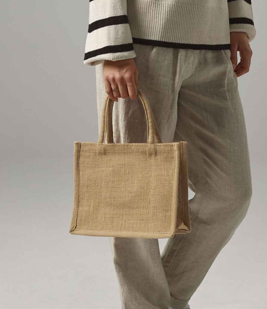 [W477 NT/BK ONE] Westford Mill Natural Starched Jute Mini Gift Bag (Natural/Black)